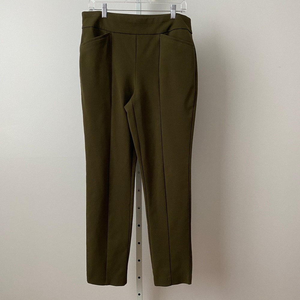 Chico's 1 Olive Green So Slimming Pull On Ankle Pants Seam Detail Career